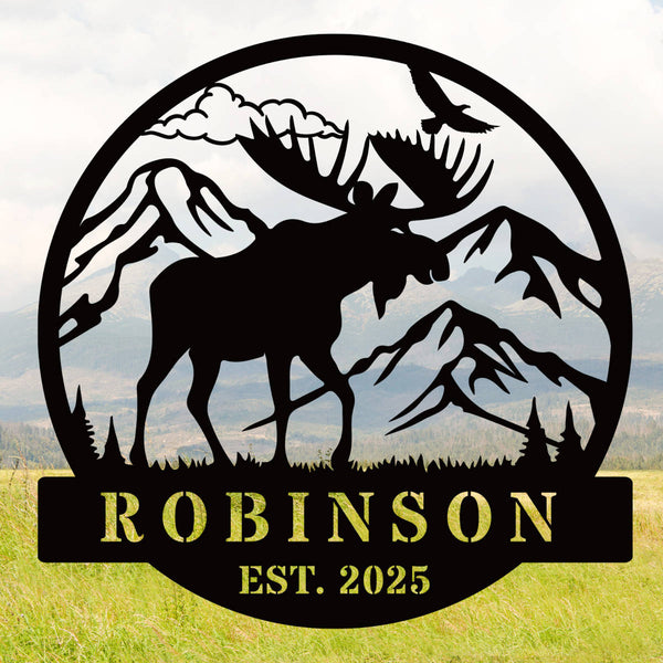 custom metal wall art sign with name and moose design  - enfodream.com