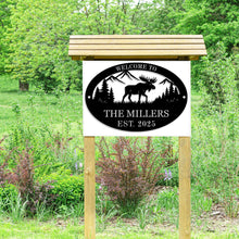 Custom moose metal sign with personalized text, laser-cut steel wall art featuring moose, mountains, and trees, powder coated finish for rustic cabin and lodge décor.