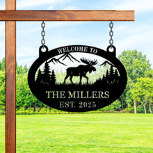 Custom moose metal sign with personalized text, laser-cut steel wall art featuring moose, mountains, and trees, powder coated finish for rustic cabin and lodge décor.