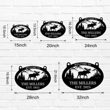 Custom moose metal sign with personalized text, laser-cut steel wall art featuring moose, mountains, and trees, powder coated finish for rustic cabin and lodge décor.