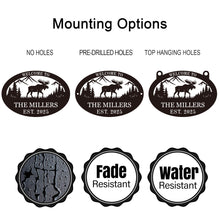 Custom moose metal sign with personalized text, laser-cut steel wall art featuring moose, mountains, and trees, powder coated finish for rustic cabin and lodge décor.