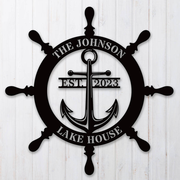 Custom metal lake house sign with ship wheel and anchor design, personalized with family name and EST year, nautical decor for home or cabin