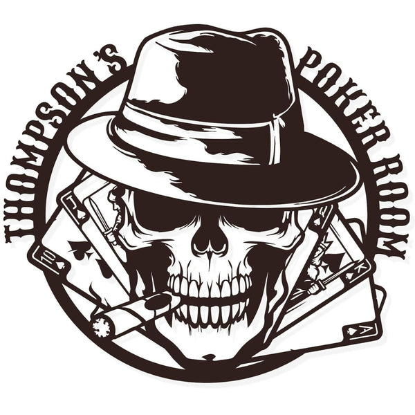 Custom poker room metal sign featuring skull with fedora, cigar, and playing cards — personalized laser-cut steel wall art for poker rooms, man caves, or bars.
