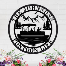 Custom laser-cut metal sign with pontoon boat and personalized family name, ideal for lake house or cabin wall decor