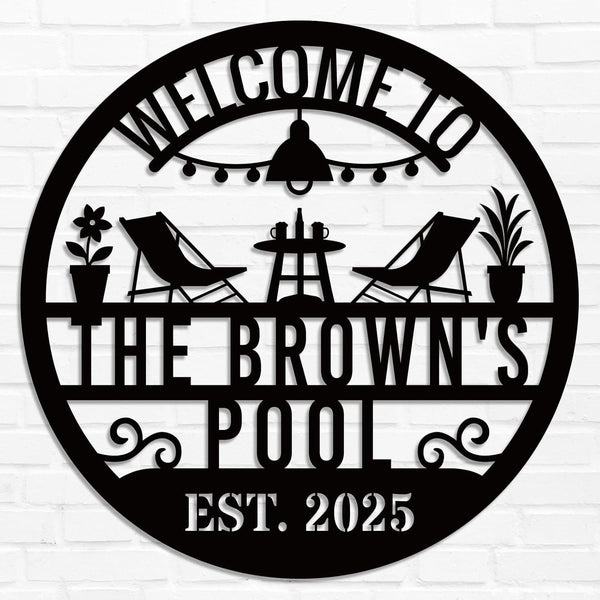 Custom Pool Metal Sign with personalized text and relaxing poolside design, laser-cut from premium steel and powder-coated for outdoor durability.