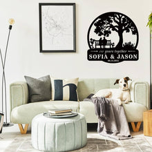 Custom tree metal sign with couple silhouette and personalized text, laser cut from steel and powder coated, ideal for wedding, anniversary, or family wall décor.