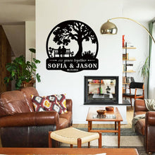 Custom tree metal sign with couple silhouette and personalized text, laser cut from steel and powder coated, ideal for wedding, anniversary, or family wall décor.