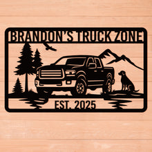 Personalized off-road truck metal sign with custom name and year, featuring a pickup silhouette, mountains, and trees, laser-cut from premium powder-coated steel for indoor or outdoor use.