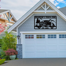 Personalized off-road truck metal sign with custom name and year, featuring a pickup silhouette, mountains, and trees, laser-cut from premium powder-coated steel for indoor or outdoor use.