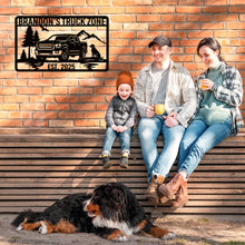 Personalized off-road truck metal sign with custom name and year, featuring a pickup silhouette, mountains, and trees, laser-cut from premium powder-coated steel for indoor or outdoor use.