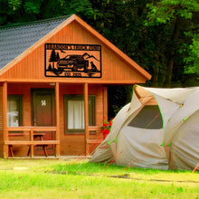 Personalized off-road truck metal sign with custom name and year, featuring a pickup silhouette, mountains, and trees, laser-cut from premium powder-coated steel for indoor or outdoor use.