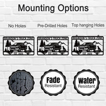 Personalized off-road truck metal sign with custom name and year, featuring a pickup silhouette, mountains, and trees, laser-cut from premium powder-coated steel for indoor or outdoor use.