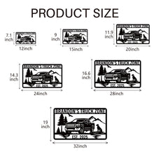 Personalized off-road truck metal sign with custom name and year, featuring a pickup silhouette, mountains, and trees, laser-cut from premium powder-coated steel for indoor or outdoor use.
