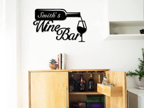 Custom metal wine bar sign with bottle and glass design, personalized wall decor made from powder-coated laser-cut steel