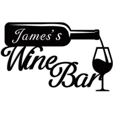 Custom metal wine bar sign with bottle and glass design, personalized wall decor made from powder-coated laser-cut steel