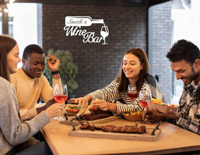 Custom metal wine bar sign with bottle and glass design, personalized wall decor made from powder-coated laser-cut steel