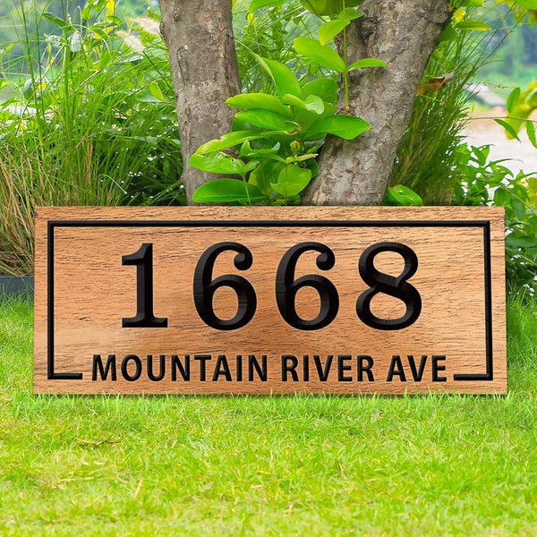 Custom wood address sign made from pine with engraved house number 1668 and street name, personalized wooden plaque for home or yard decor.
