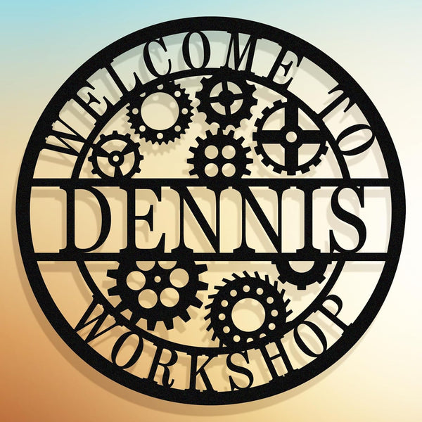 Round custom laser-cut metal sign with gear design and personalized name for workshop or garage wall decor