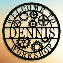Round custom laser-cut metal sign with gear design and personalized name for workshop or garage wall decor