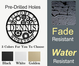 Round custom laser-cut metal sign with gear design and personalized name for workshop or garage wall decor