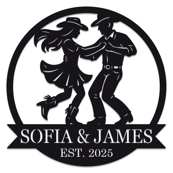 Custom metal wall art featuring a cowboy and cowgirl dancing, personalized with names and date, laser-cut from premium steel with powder-coated finish.