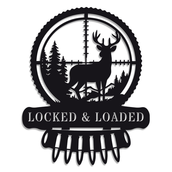 Custom metal deer hunter wall sign featuring buck in scope with bullet detail, powder-coated black steel, perfect for hunting cabin or man cave décor with customizable text.