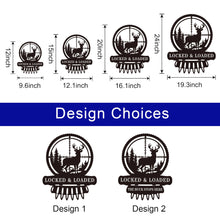 Custom metal deer hunter wall sign featuring buck in scope with bullet detail, powder-coated black steel, perfect for hunting cabin or man cave décor with customizable text.