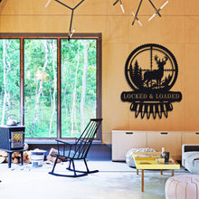 Custom metal deer hunter wall sign featuring buck in scope with bullet detail, powder-coated black steel, perfect for hunting cabin or man cave décor with customizable text.