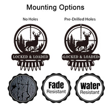 Custom metal deer hunter wall sign featuring buck in scope with bullet detail, powder-coated black steel, perfect for hunting cabin or man cave décor with customizable text.