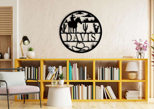 Western-style personalized metal sign featuring a cowboy on horseback, desert landscape, cacti, and custom name, laser-cut from premium powder-coated steel for indoor or outdoor display.