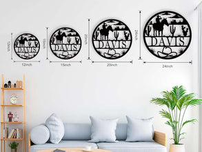 Western-style personalized metal sign featuring a cowboy on horseback, desert landscape, cacti, and custom name, laser-cut from premium powder-coated steel for indoor or outdoor display.