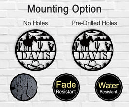 Western-style personalized metal sign featuring a cowboy on horseback, desert landscape, cacti, and custom name, laser-cut from premium powder-coated steel for indoor or outdoor display.