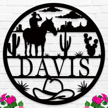 Western-style personalized metal sign featuring a cowboy on horseback, desert landscape, cacti, and custom name, laser-cut from premium powder-coated steel for indoor or outdoor display.