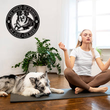 Custom dog metal sign with “Cuddles, Chaos & Chew Toys” and “Life Is Good” engraved, featuring a happy dog design, laser-cut from powder-coated steel for wall decor.