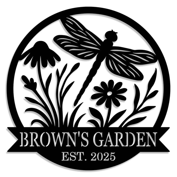 Custom round metal garden sign with dragonfly and flower design, featuring the text 'Brown's Garden Est. 2025'