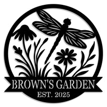 Custom round metal garden sign with dragonfly and flower design, featuring the text 'Brown's Garden Est. 2025'