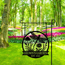 Custom round metal garden sign with dragonfly and flower design, featuring the text 'Brown's Garden Est. 2025'
