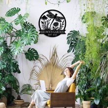 Custom round metal garden sign with dragonfly and flower design, featuring the text 'Brown's Garden Est. 2025'