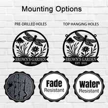 Custom round metal garden sign with dragonfly and flower design, featuring the text 'Brown's Garden Est. 2025'