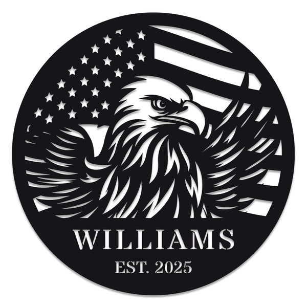 Custom eagle and American flag metal sign, personalized steel wall décor with laser-cut design, powder-coated finish, and custom text option for home, patio, or patriotic gift.