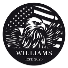 Custom eagle and American flag metal sign, personalized steel wall décor with laser-cut design, powder-coated finish, and custom text option for home, patio, or patriotic gift.