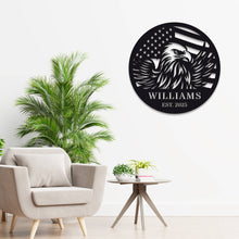 Custom eagle and American flag metal sign, personalized steel wall décor with laser-cut design, powder-coated finish, and custom text option for home, patio, or patriotic gift.