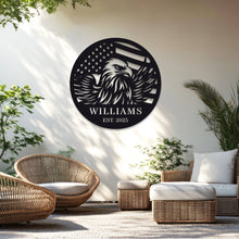 Custom eagle and American flag metal sign, personalized steel wall décor with laser-cut design, powder-coated finish, and custom text option for home, patio, or patriotic gift.