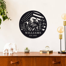 Custom eagle and American flag metal sign, personalized steel wall décor with laser-cut design, powder-coated finish, and custom text option for home, patio, or patriotic gift.