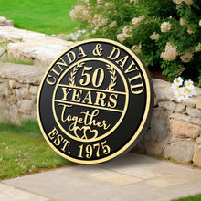 Engraved round wood anniversary plaque made from pine, CNC carved with names, dates, and embossed lettering, personalized wooden wall décor for weddings, anniversaries, and family celebrations.