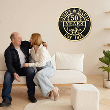 Engraved round wood anniversary plaque made from pine, CNC carved with names, dates, and embossed lettering, personalized wooden wall décor for weddings, anniversaries, and family celebrations.