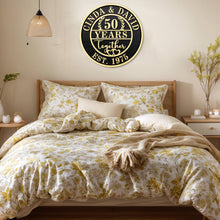 Engraved round wood anniversary plaque made from pine, CNC carved with names, dates, and embossed lettering, personalized wooden wall décor for weddings, anniversaries, and family celebrations.