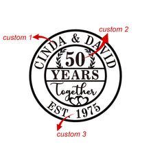 Engraved round wood anniversary plaque made from pine, CNC carved with names, dates, and embossed lettering, personalized wooden wall décor for weddings, anniversaries, and family celebrations.