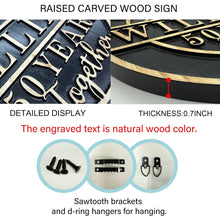 Engraved round wood anniversary plaque made from pine, CNC carved with names, dates, and embossed lettering, personalized wooden wall décor for weddings, anniversaries, and family celebrations.