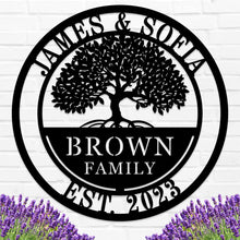 Custom metal family tree sign with names and date laser-cut into black powder-coated steel for personalized home décor.